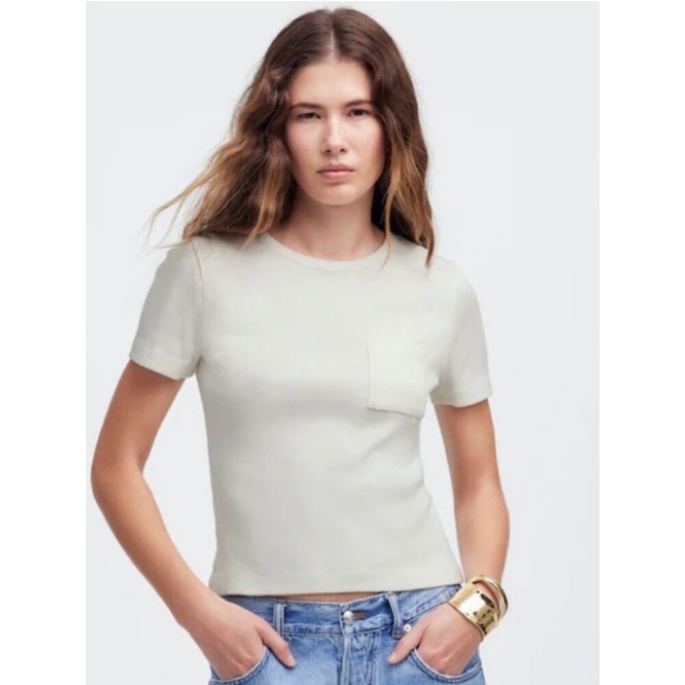Madewell NWT Garment-Dyed Ribbed Crewneck Pocket Tee Size XS in Ivory